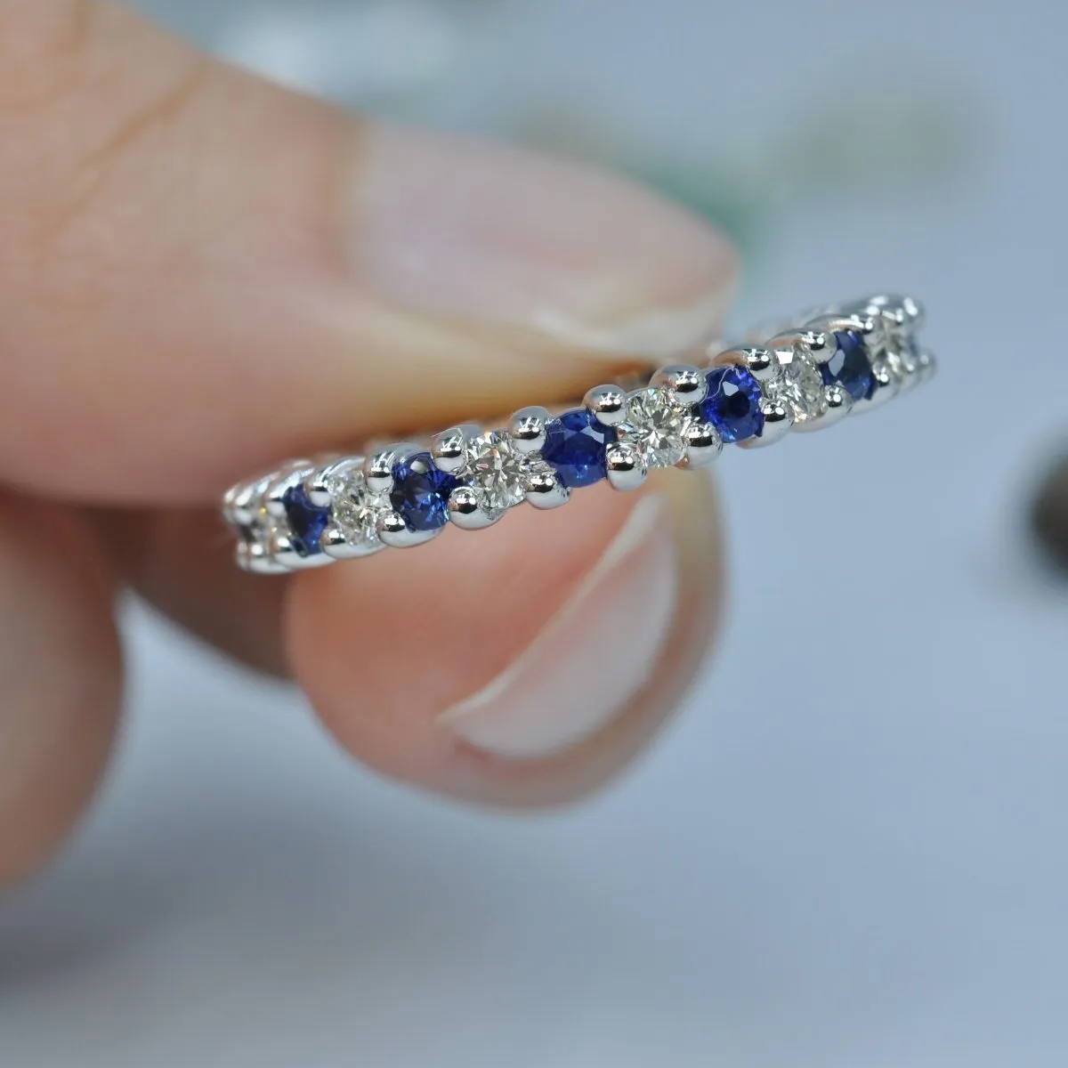 1.50 CT Round Cut Blue Sapphires & Diamonds - Eternity Ring