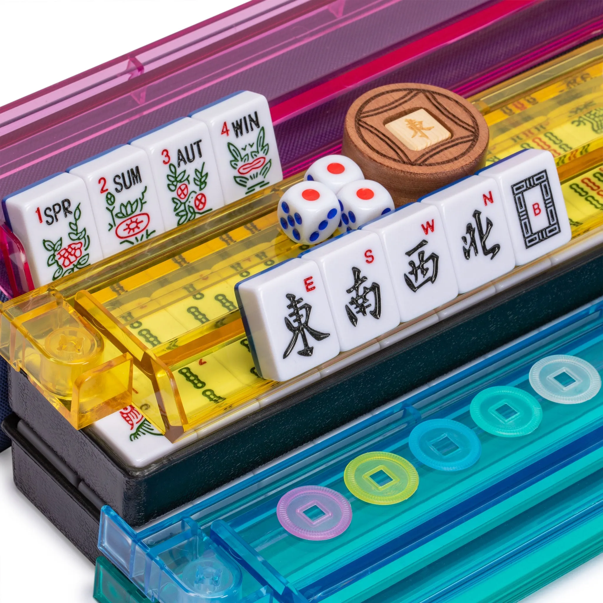 American Mahjong Game Set, "Santorini" with Blue Soft Case - Racks with Pushers, Scoring Coins, Dice, and Wind Indicator