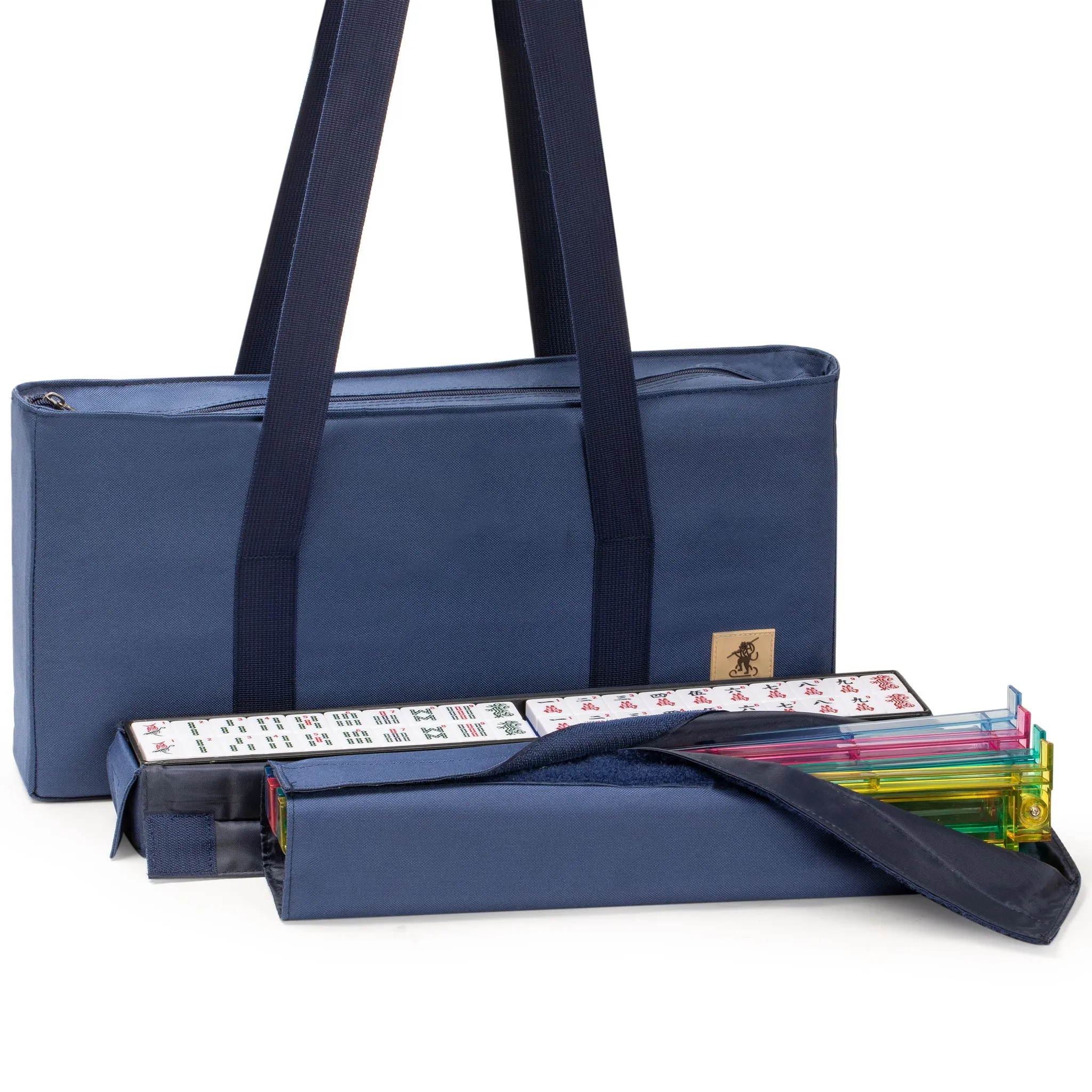 American Mahjong Game Set, "Santorini" with Blue Soft Case - Racks with Pushers, Scoring Coins, Dice, and Wind Indicator