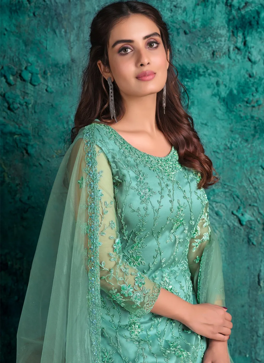 Aqua Blue Net Designer Fancy Pakistani Style Suit