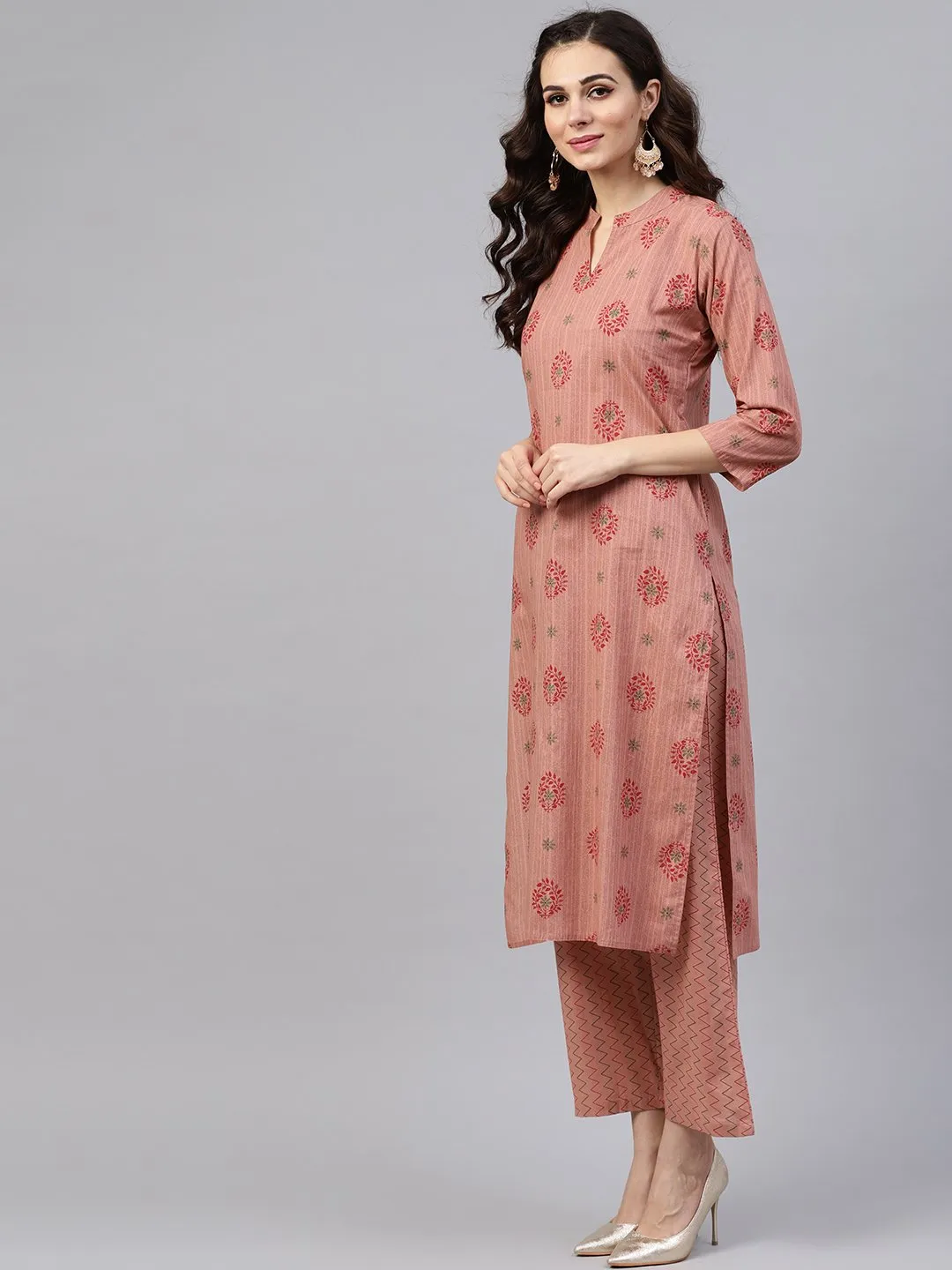 Beige Printed 3/4Th Sleeve Cotton Kurta Set With Striped Printed Dupatta