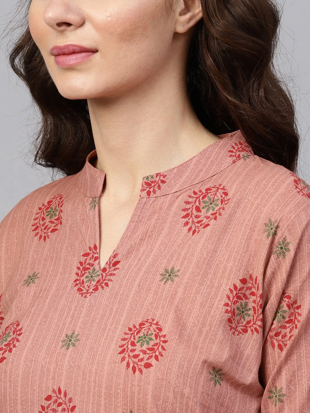 Beige Printed 3/4Th Sleeve Cotton Kurta Set With Striped Printed Dupatta