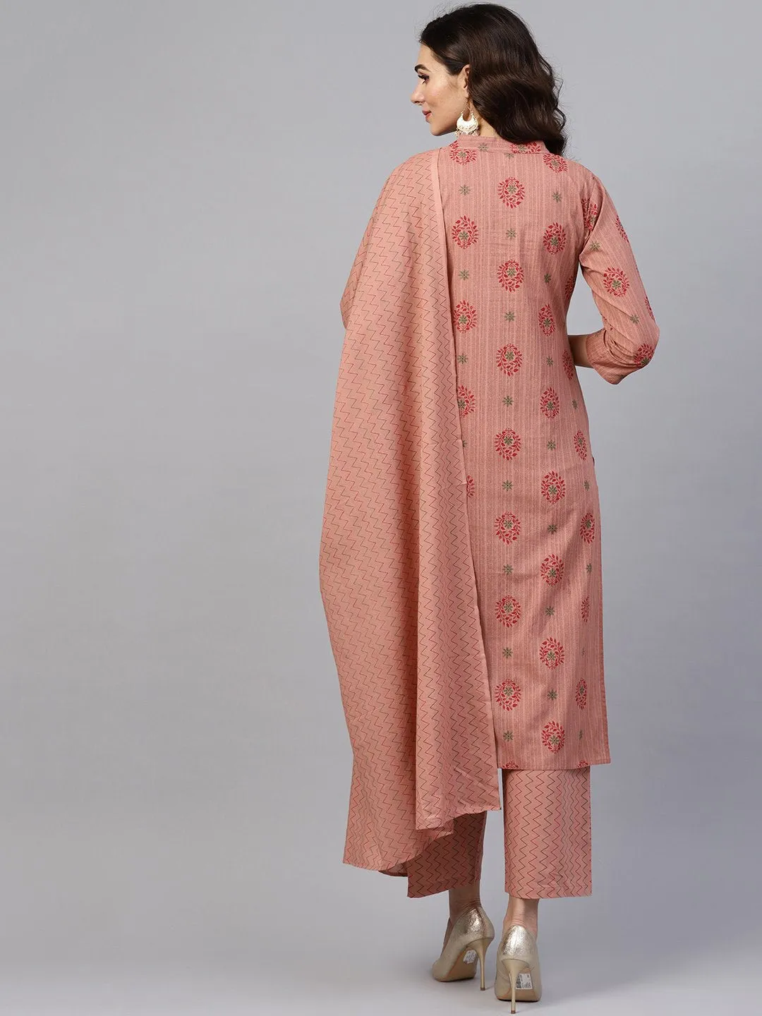 Beige Printed 3/4Th Sleeve Cotton Kurta Set With Striped Printed Dupatta