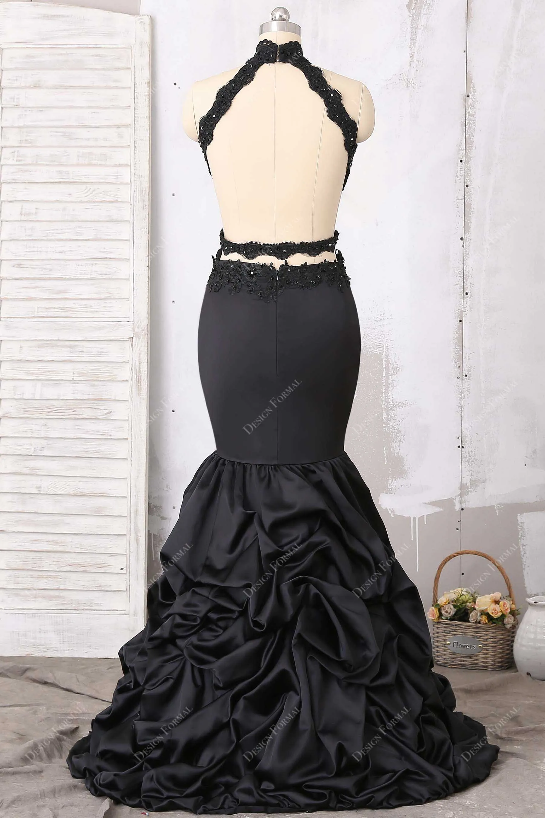 Black Beads Cutout Dramatic Pick-up Trumpet Prom Dress