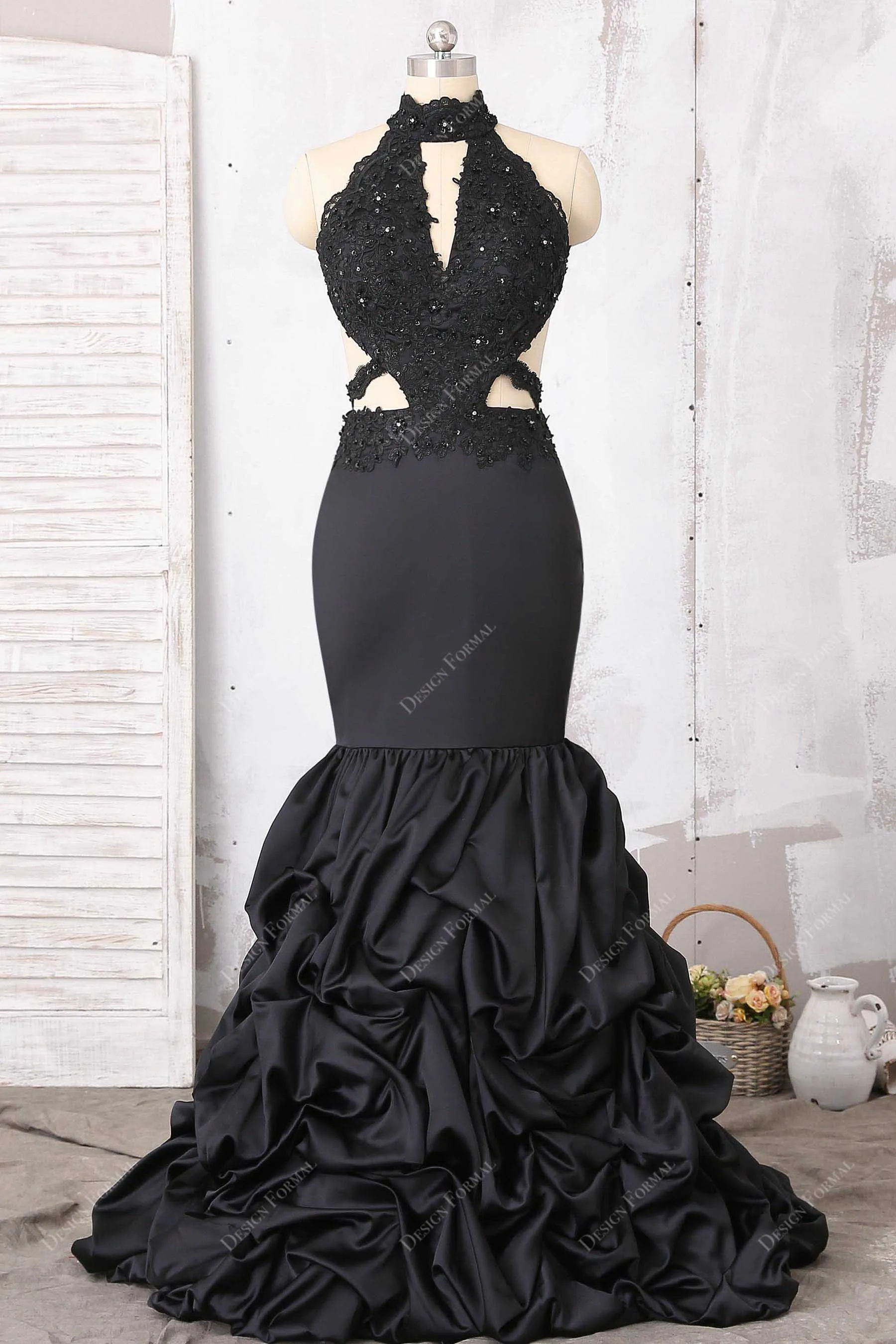 Black Beads Cutout Dramatic Pick-up Trumpet Prom Dress