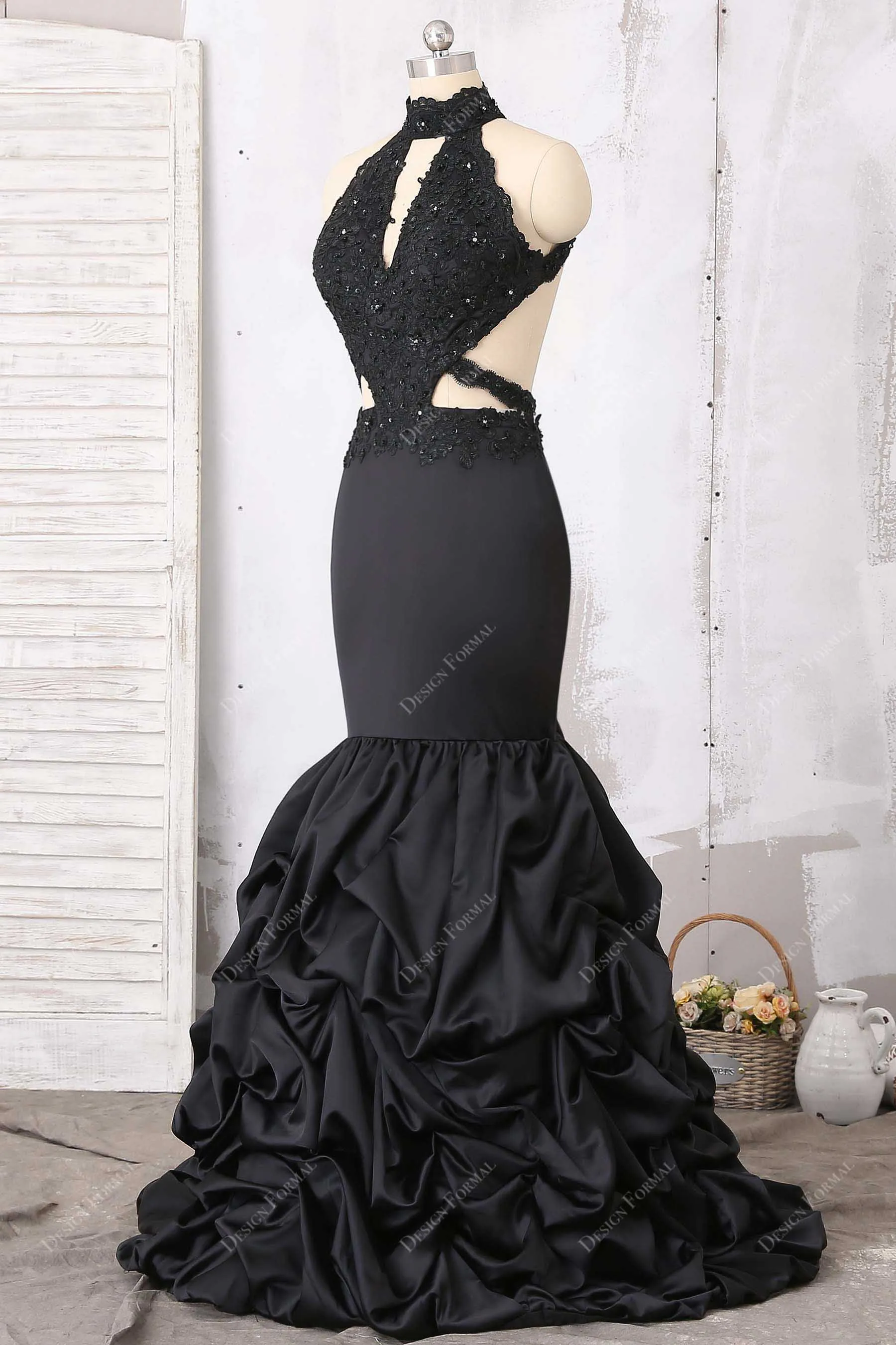 Black Beads Cutout Dramatic Pick-up Trumpet Prom Dress