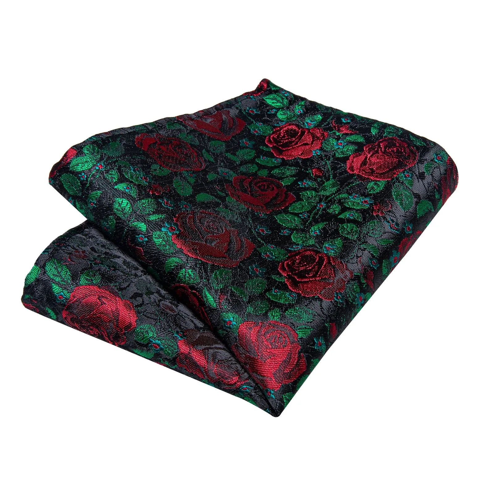 Black Green Red Rose Self-tied Bow Tie Pocket Square Cufflinks Set