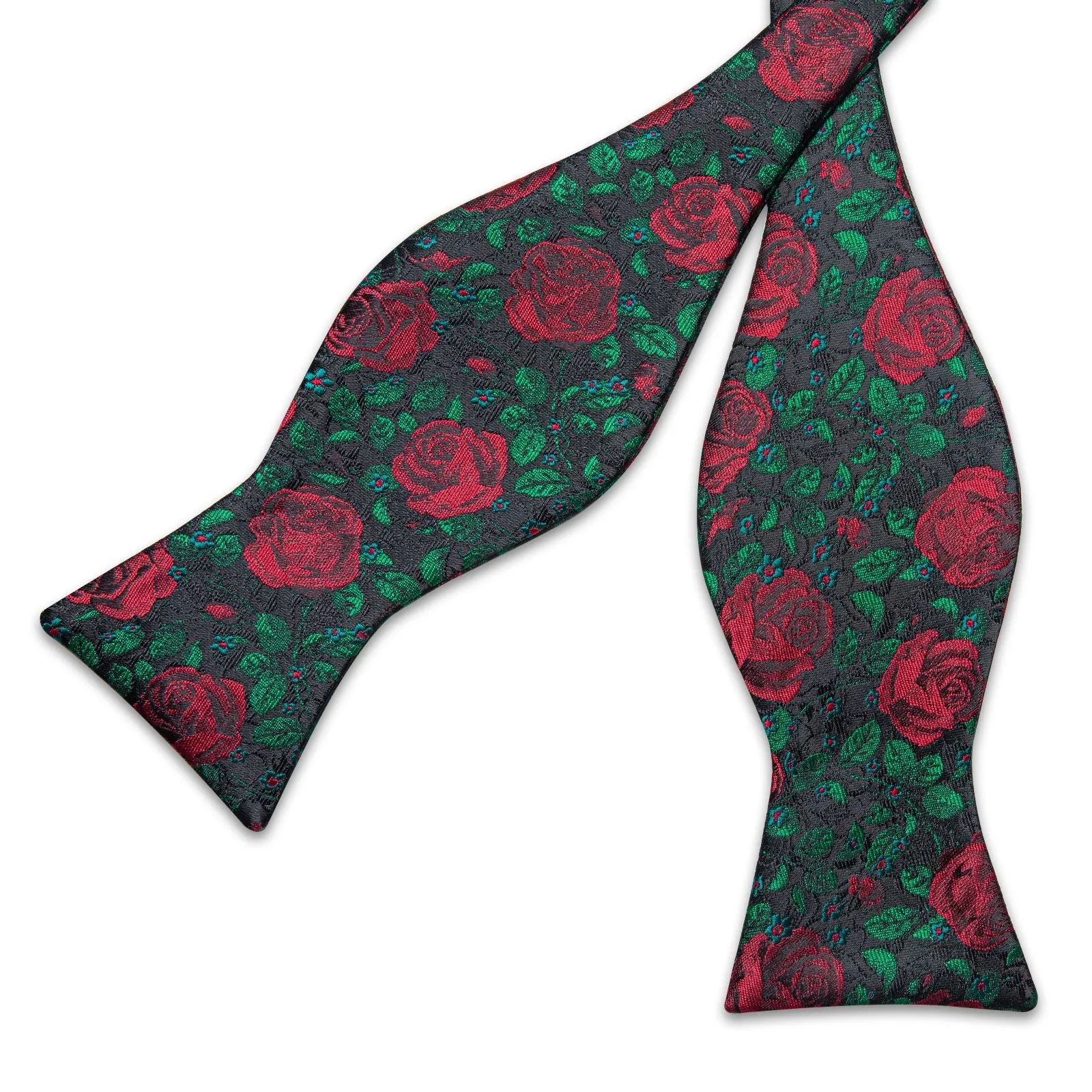 Black Green Red Rose Self-tied Bow Tie Pocket Square Cufflinks Set