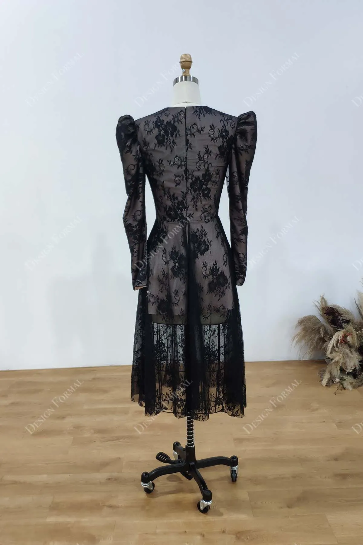 Black Lace Filipino Sleeves Tea Length Designer Formal Dress