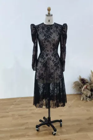 Black Lace Filipino Sleeves Tea Length Designer Formal Dress