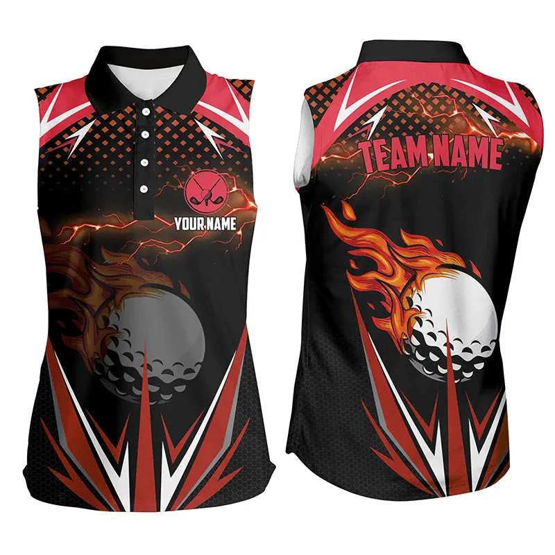 Black Women Sleeveless Polo Shirts Custom Multi Color Fire Lightning Team Golf Jerseys, Ladies Golf Attire