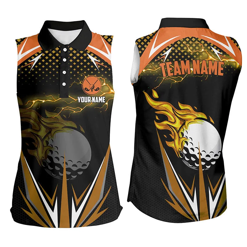 Black Women Sleeveless Polo Shirts Custom Multi Color Fire Lightning Team Golf Jerseys, Ladies Golf Attire