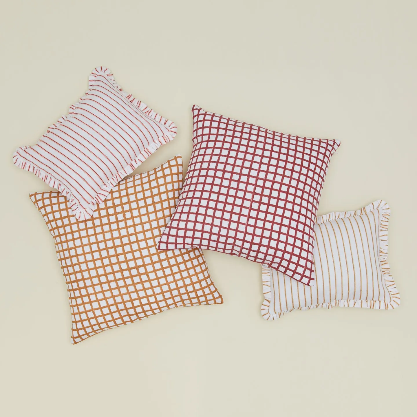 Block Printed Striped Ruffled Pillow Cover - Red Stripe