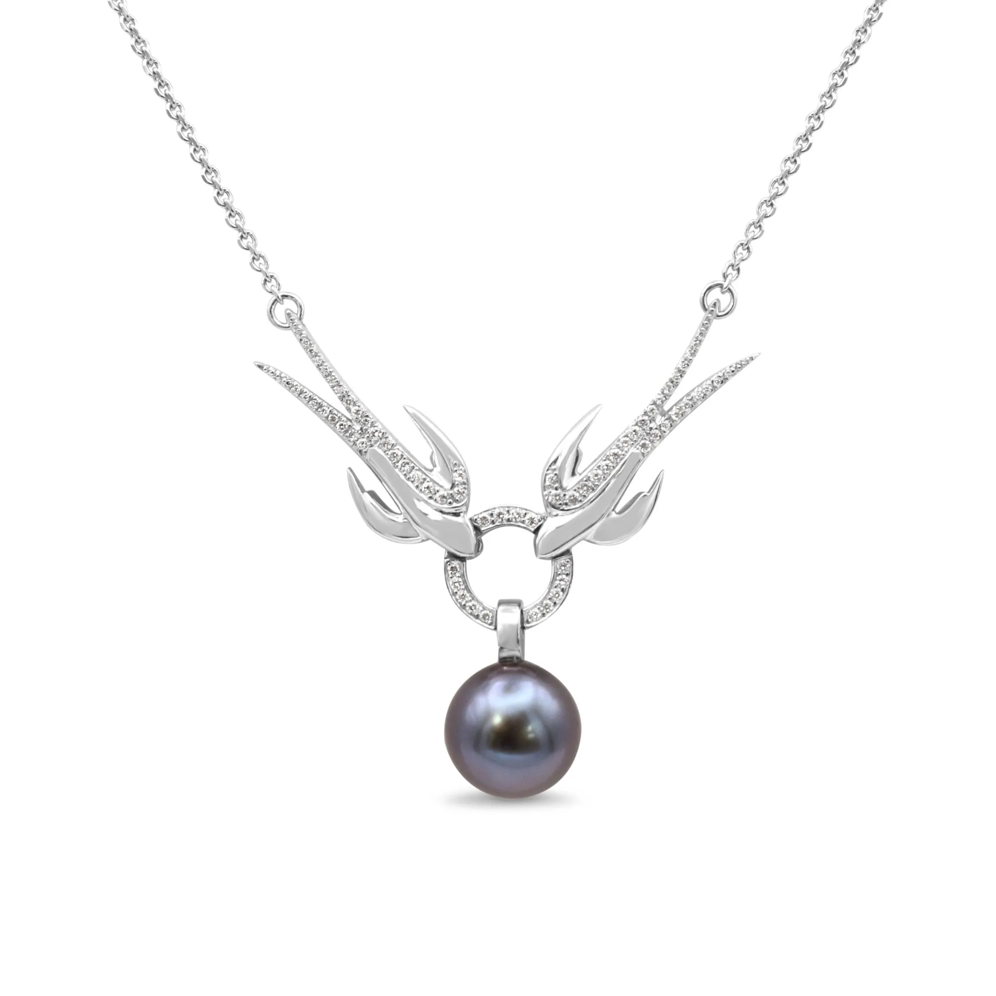 Boodle Tahitian Pearl & Diamond Swallow Design Pendant Necklace - Platinum