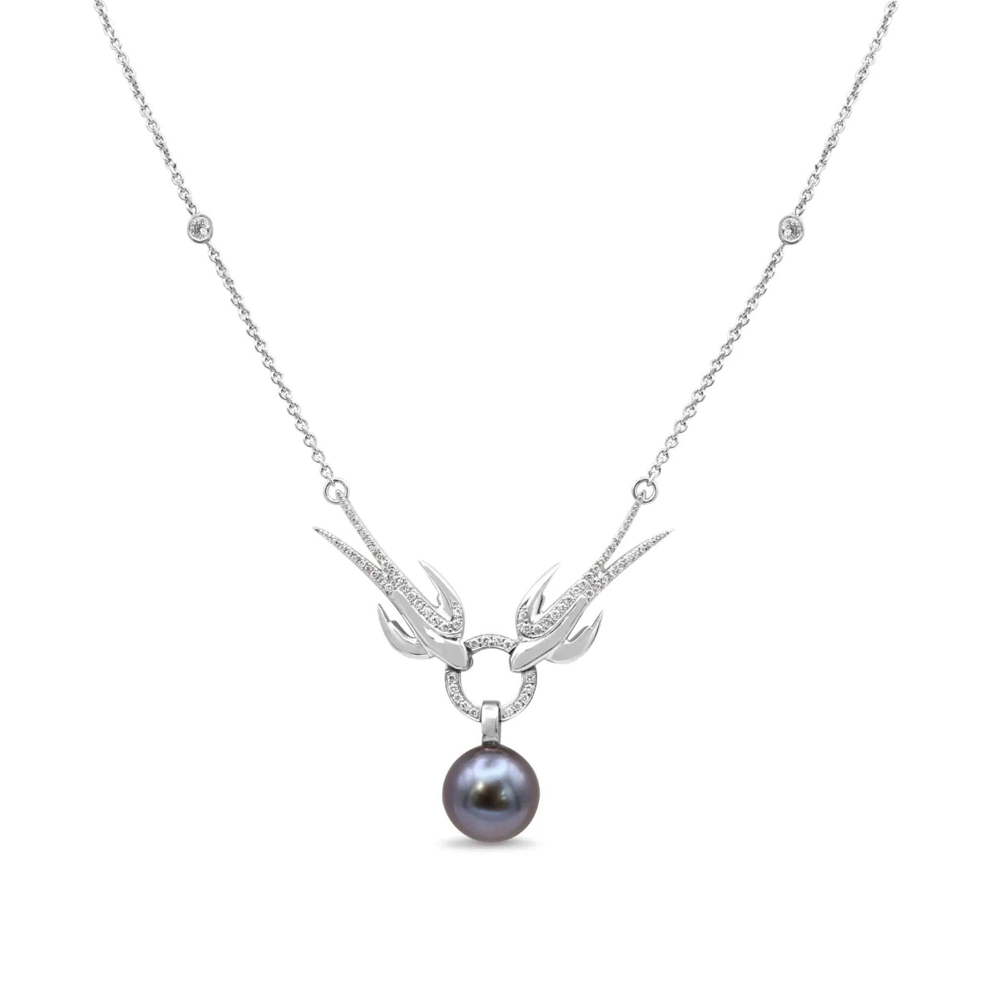 Boodle Tahitian Pearl & Diamond Swallow Design Pendant Necklace - Platinum