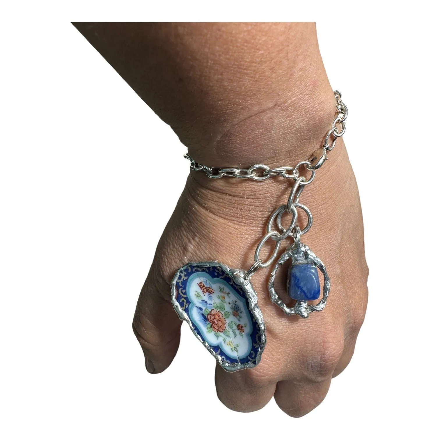 Broken China & Sodalite Charm Artisan Bracelet with Silver-Blend Boho Metalwork