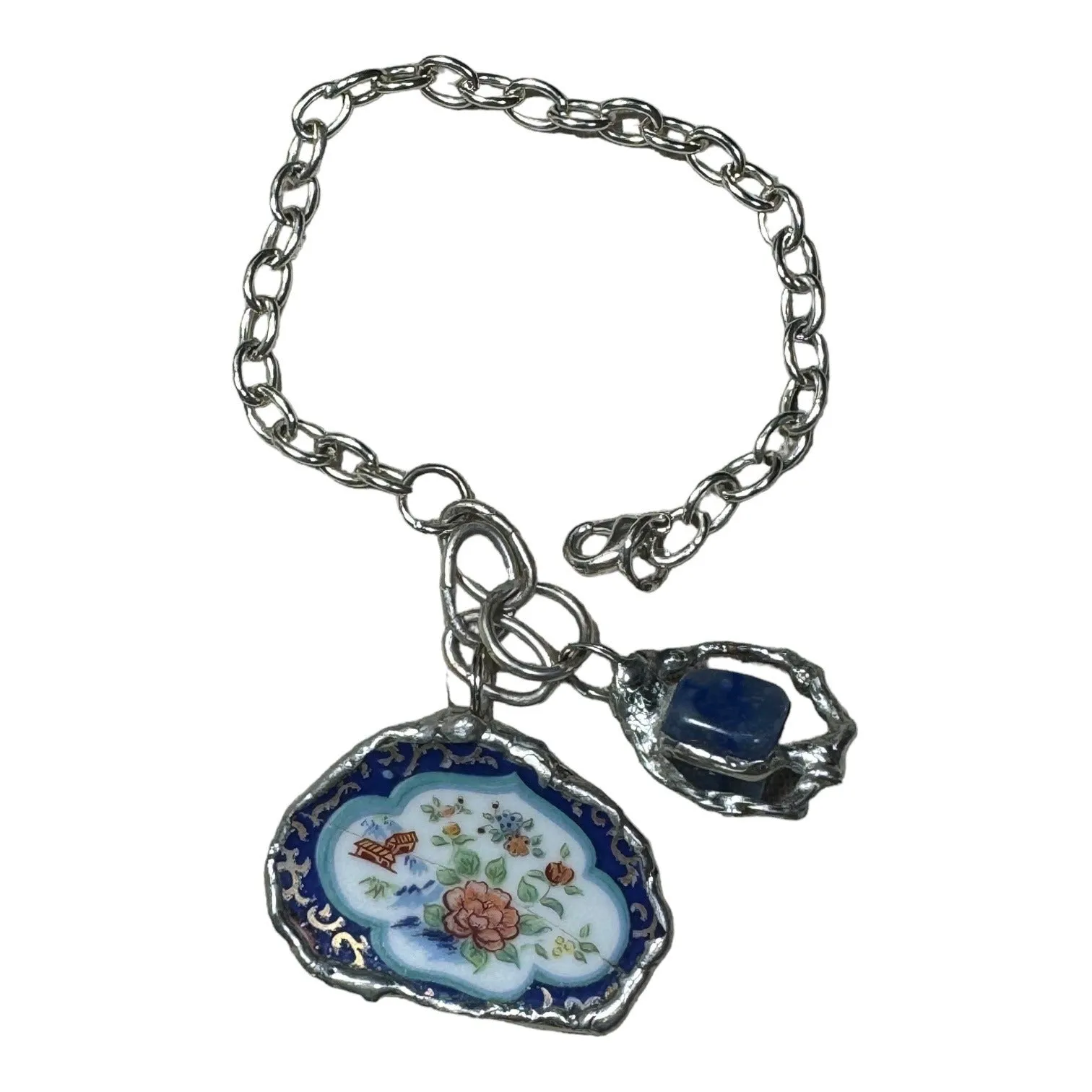 Broken China & Sodalite Charm Artisan Bracelet with Silver-Blend Boho Metalwork