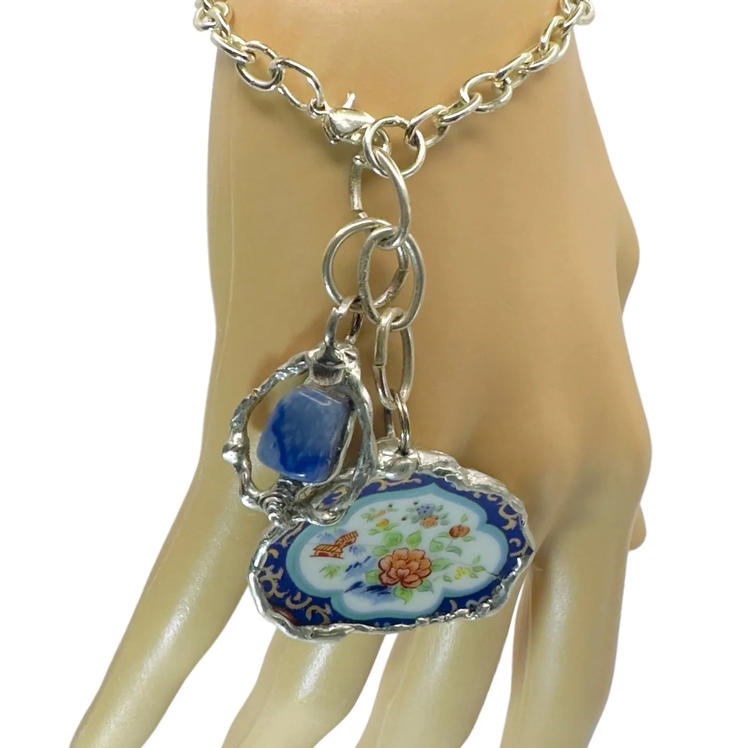 Broken China & Sodalite Charm Artisan Bracelet with Silver-Blend Boho Metalwork