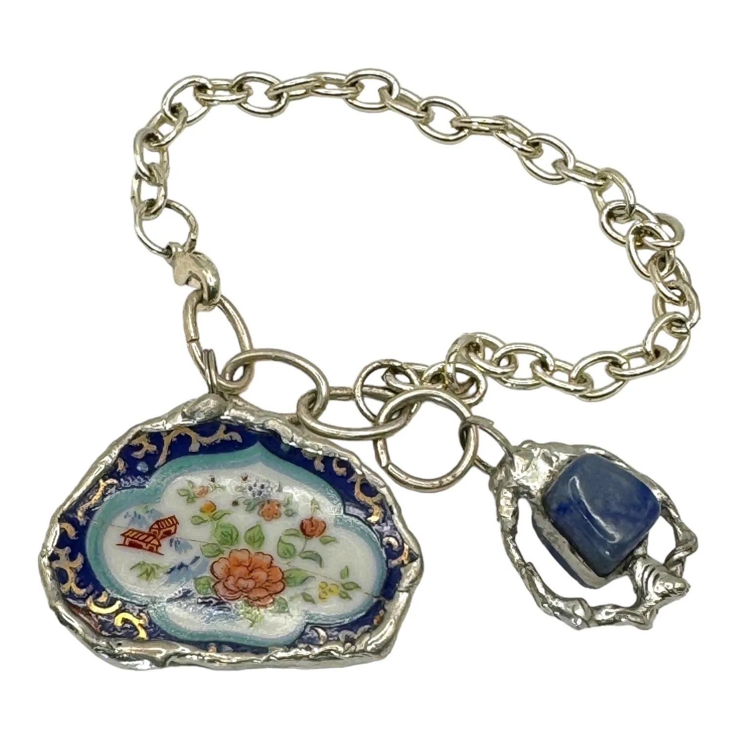 Broken China & Sodalite Charm Artisan Bracelet with Silver-Blend Boho Metalwork