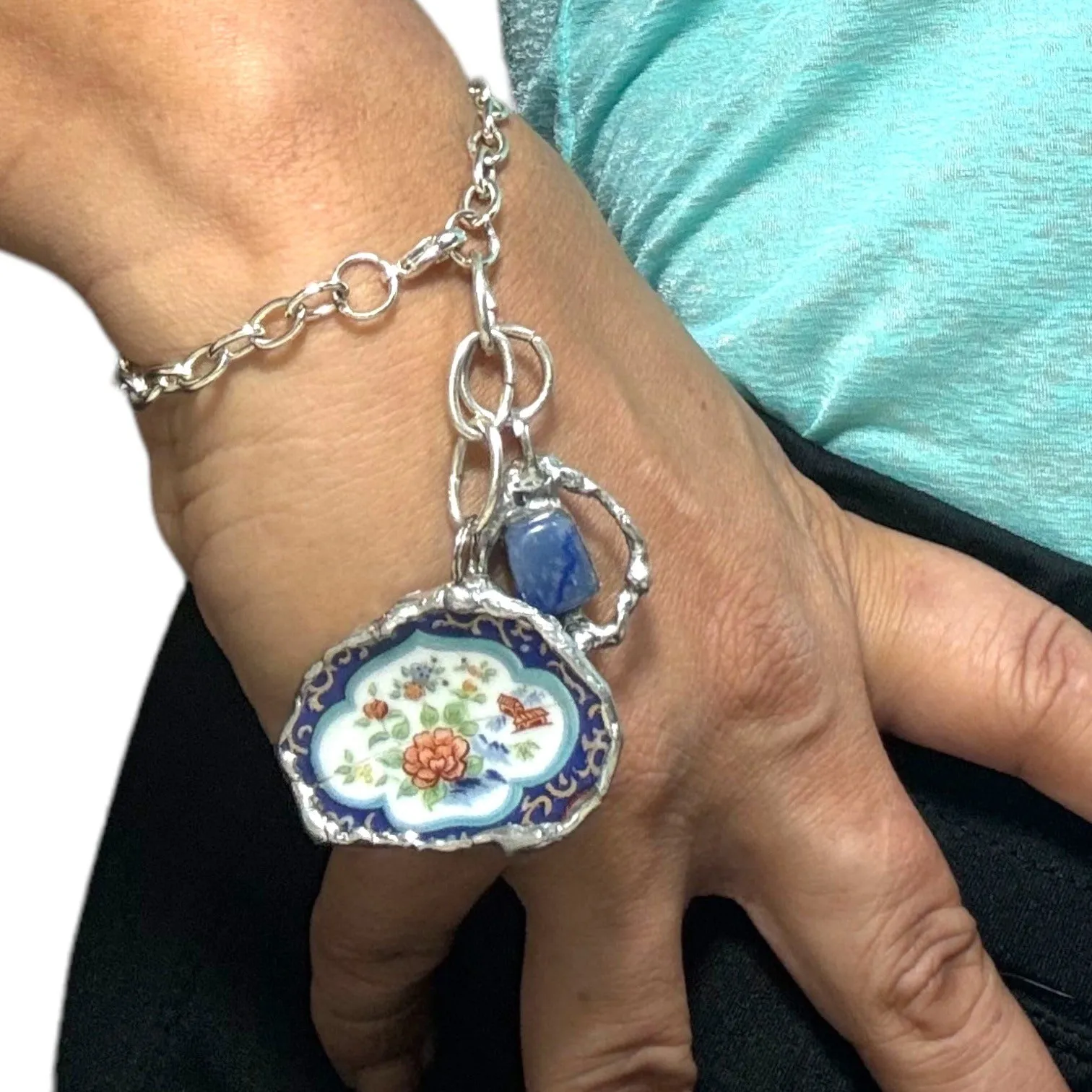 Broken China & Sodalite Charm Artisan Bracelet with Silver-Blend Boho Metalwork