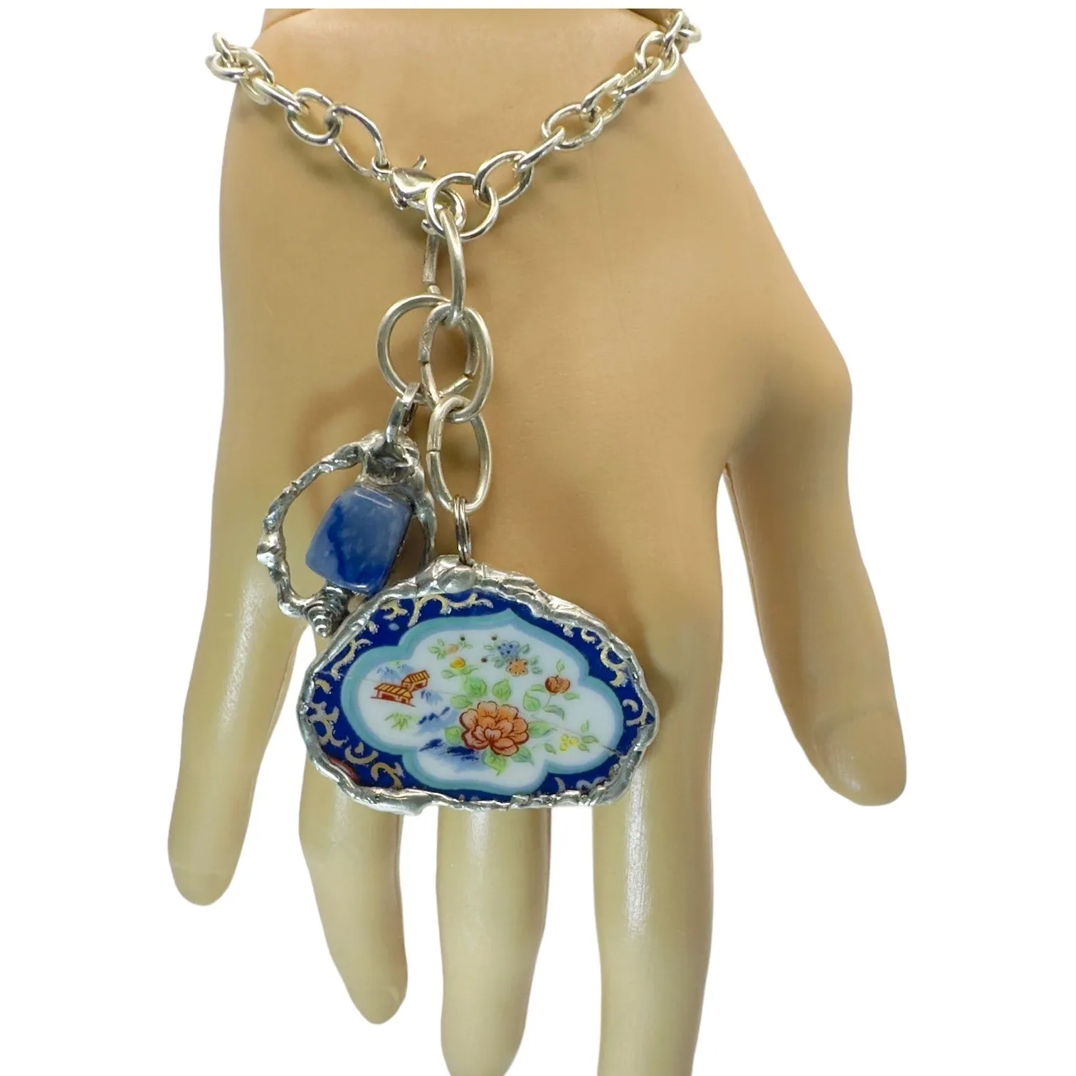 Broken China & Sodalite Charm Artisan Bracelet with Silver-Blend Boho Metalwork