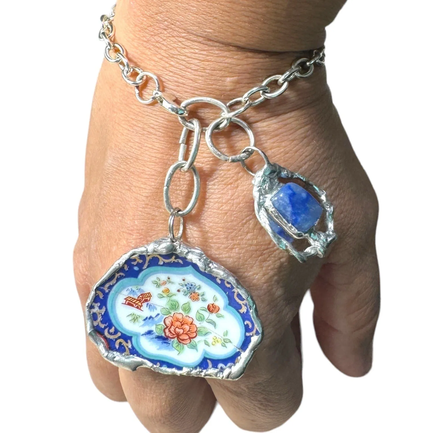 Broken China & Sodalite Charm Artisan Bracelet with Silver-Blend Boho Metalwork