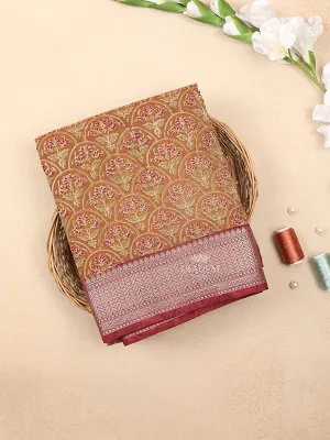 Brown Chanderi Silk Saree with Geometric Floral Design on the Body with Designed Border