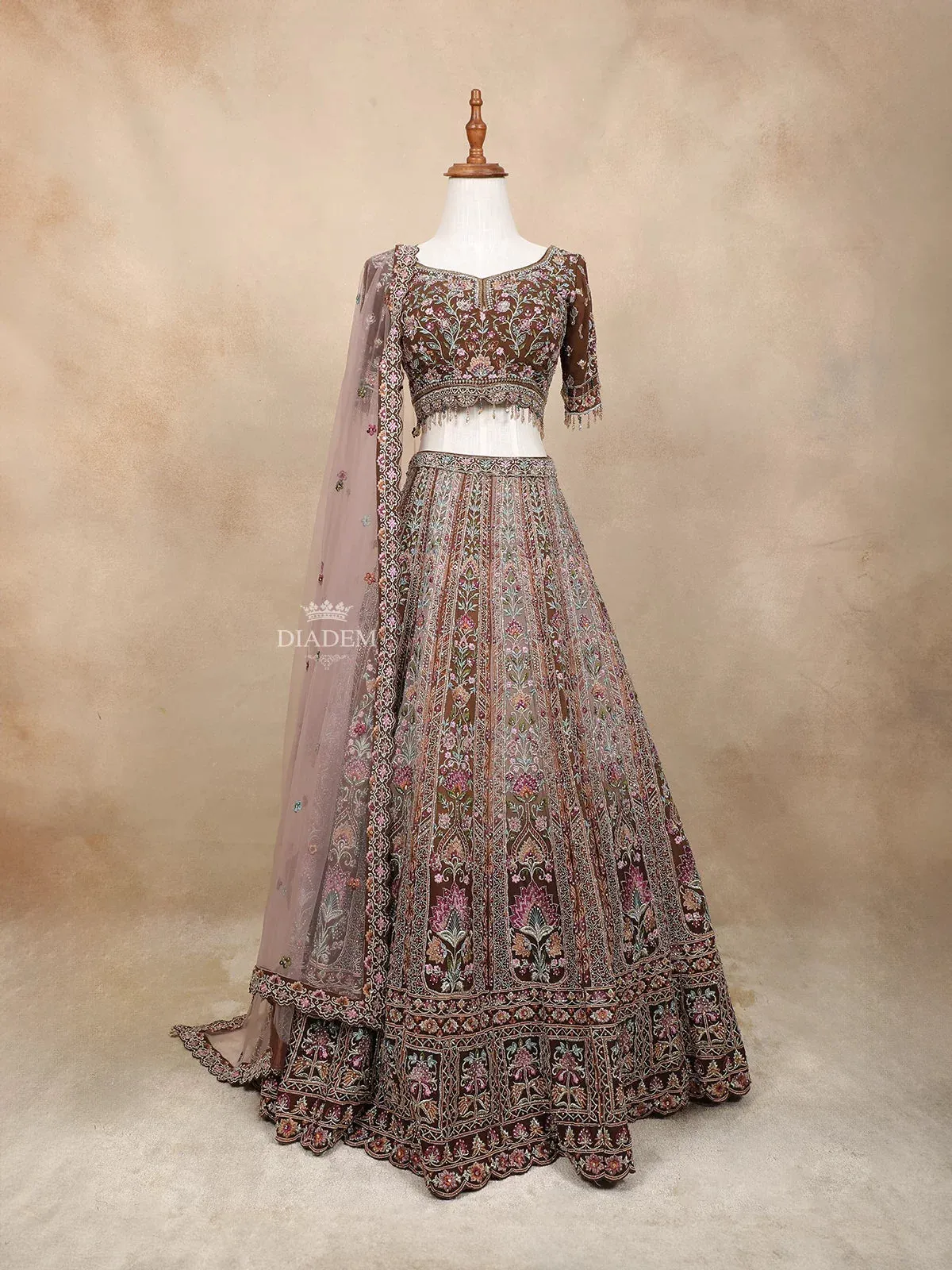 Brown Georgette Lehenga Embellished with Stones and Threadwork Embroidery Paired with Dupatta