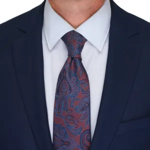 Burgundy and Blue Paisley Motif Woven Silk Tie