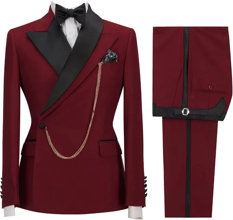 Burgundy Peaked Lapel Two Pieces Slim Fit Prom Suits Blazers Pants