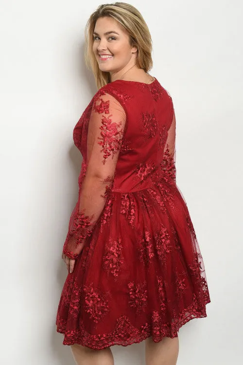 Burgundy Red Plus Size Lace Cocktail Dress