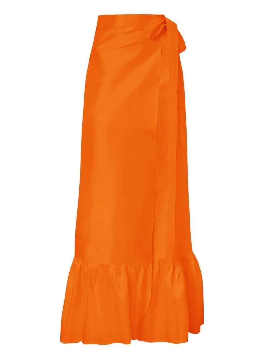 Calypso Silk Taffeta Wrap Maxi Skirt - Tangerine