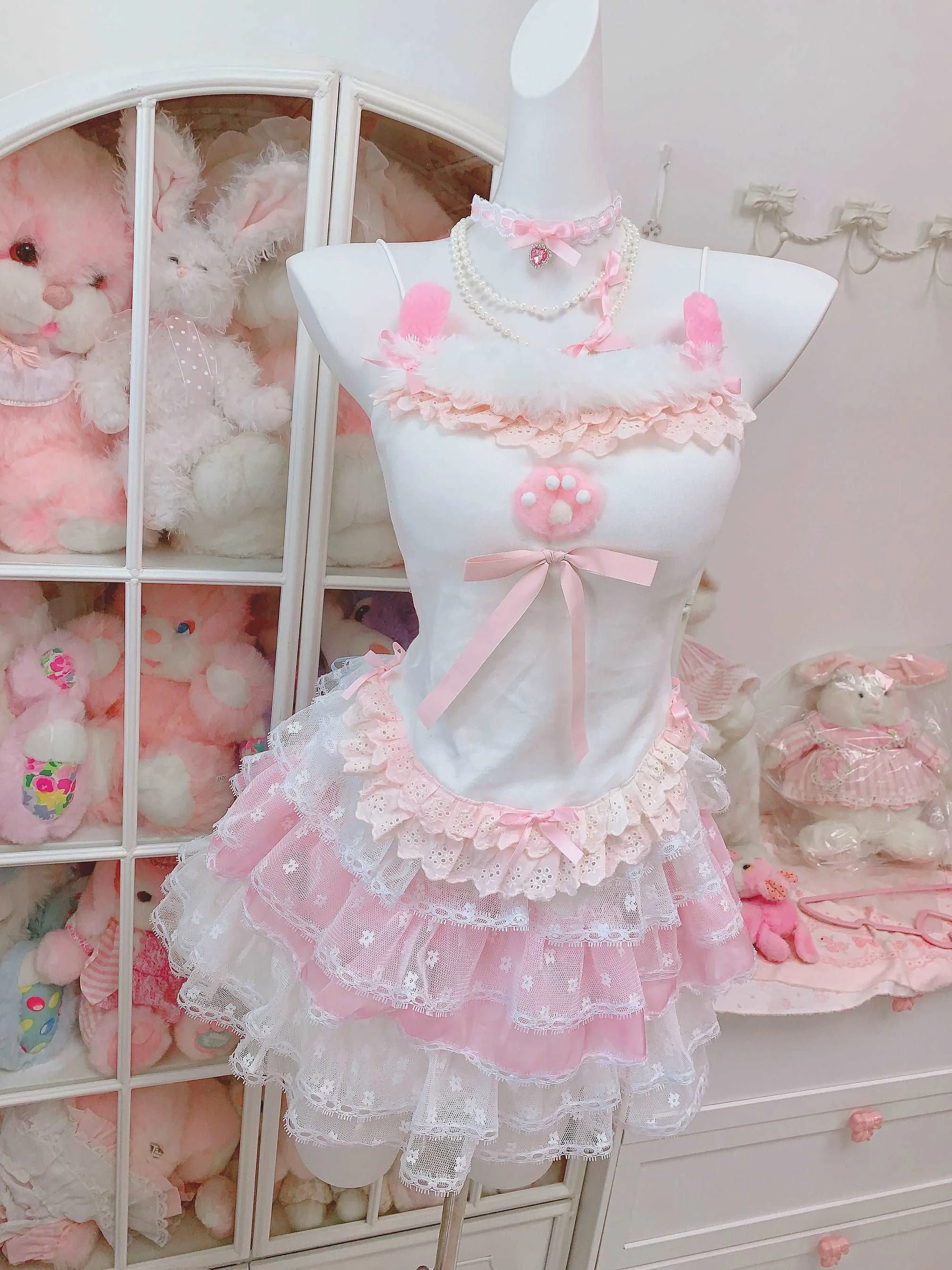 Candy Fairy Paw Camisole Top & Sheer Lace Cardigan & Pink Ruffle Skirt Three Piece Set