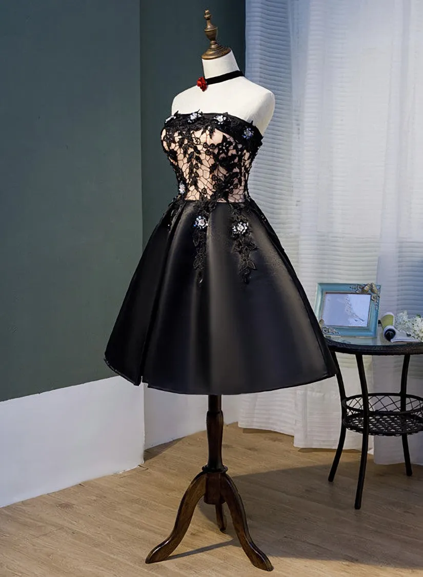 Charming Black Satin with Lace Applique Homecoming Dress, Knee Length Prom Dress