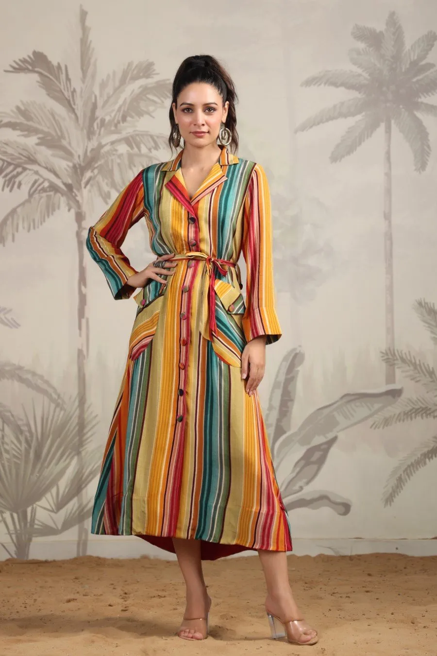 Colourfull Striped Printed A-Line Dress with Belt