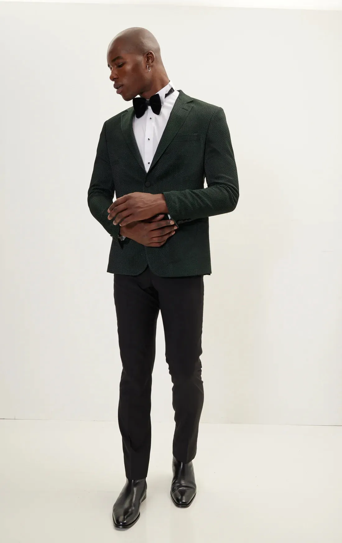 Contrast Textured Tuxedo with Notch Lapel - Green