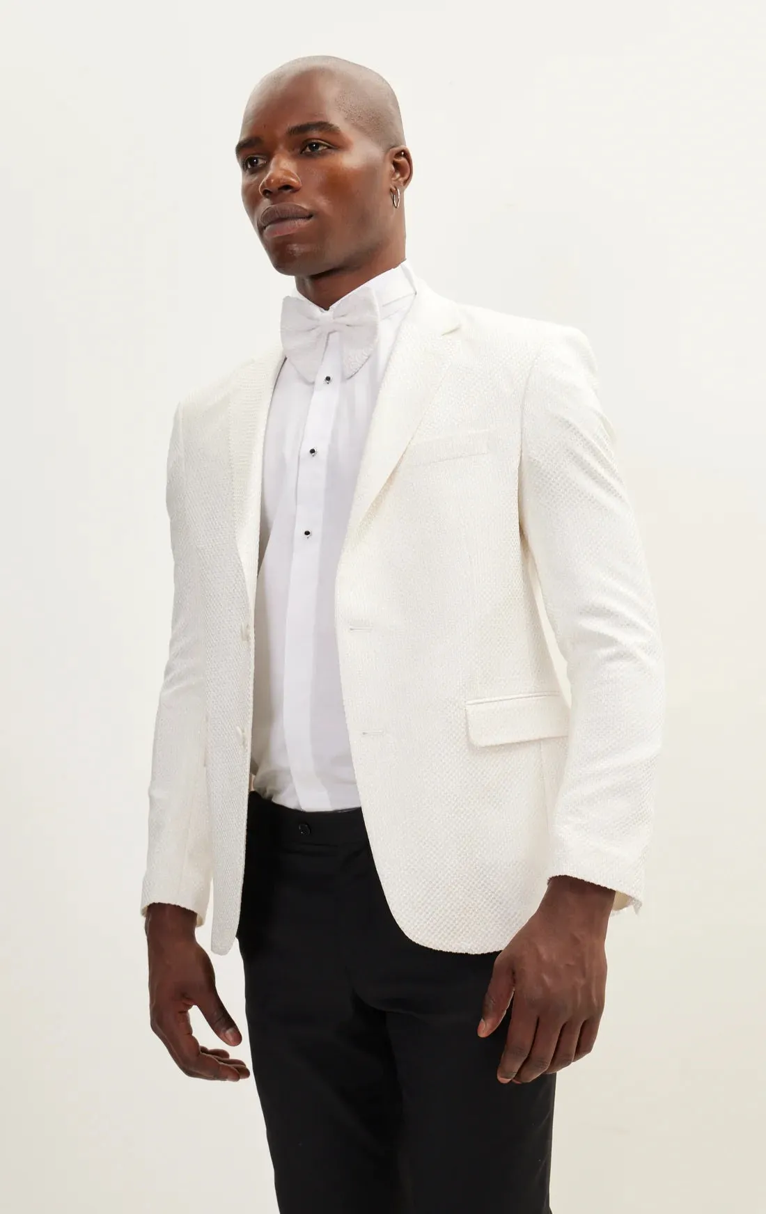 Contrast Textured Tuxedo with Notch Lapel - White