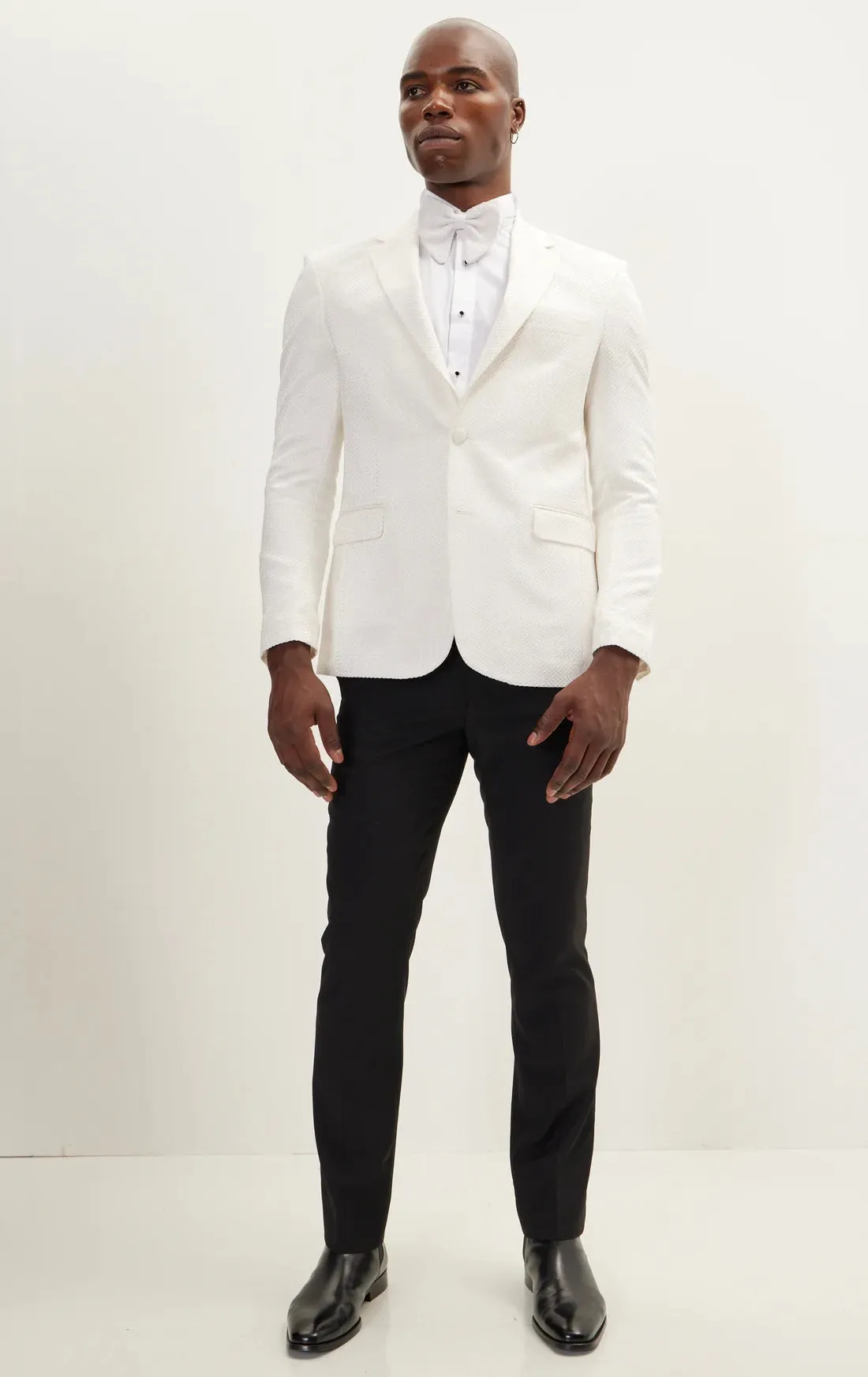 Contrast Textured Tuxedo with Notch Lapel - White