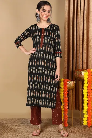 Cotton Blend Black Ikat Printed Straight Kurta With Pant