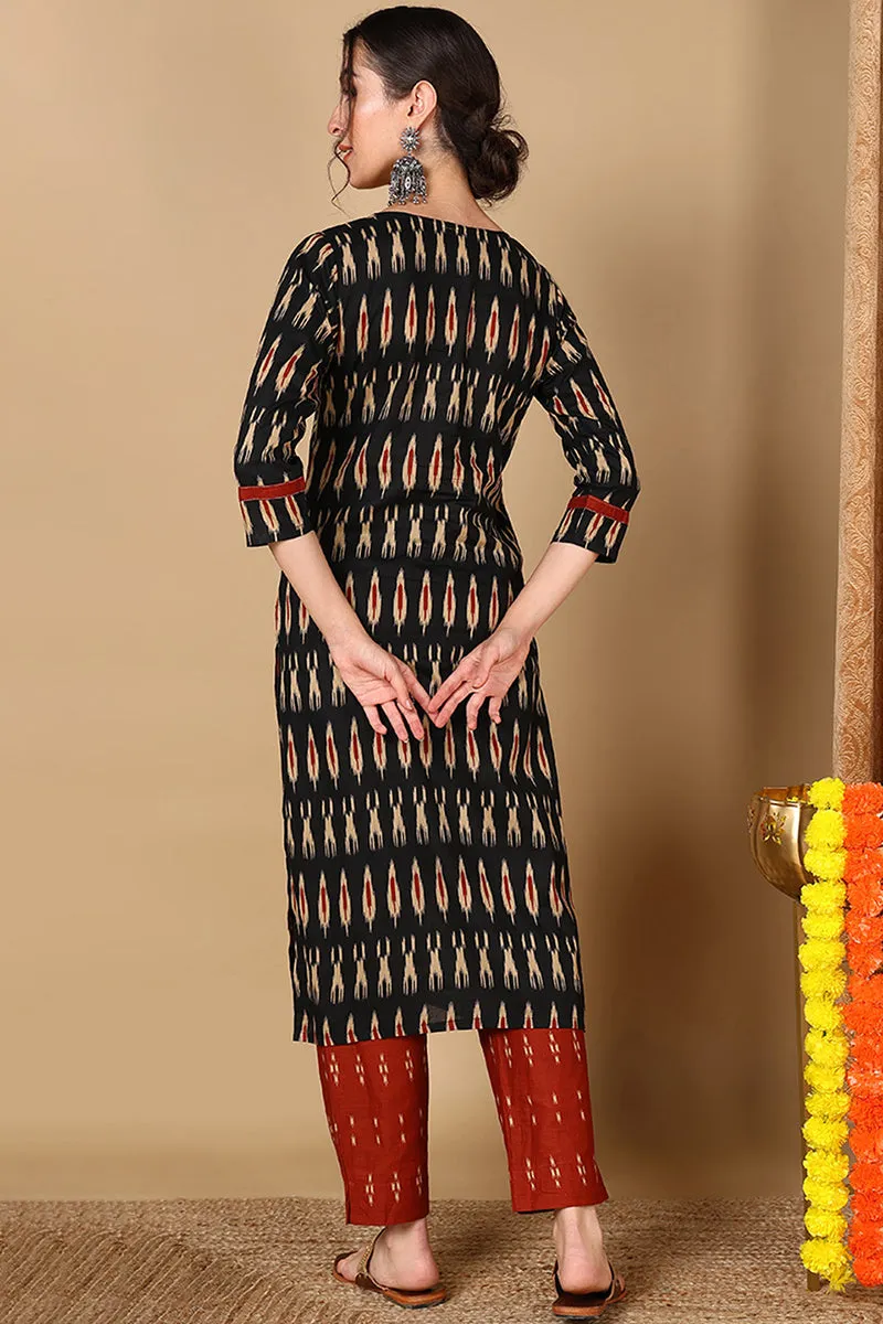 Cotton Blend Black Ikat Printed Straight Kurta With Pant