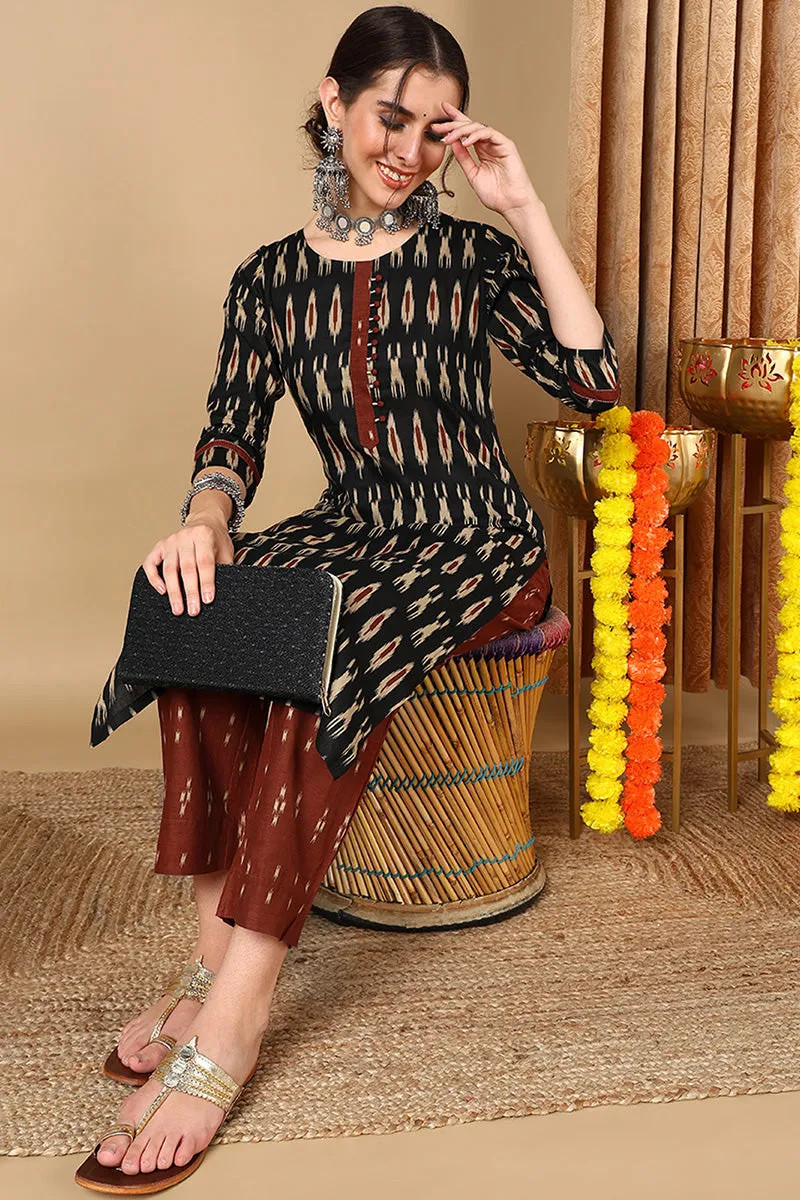 Cotton Blend Black Ikat Printed Straight Kurta With Pant