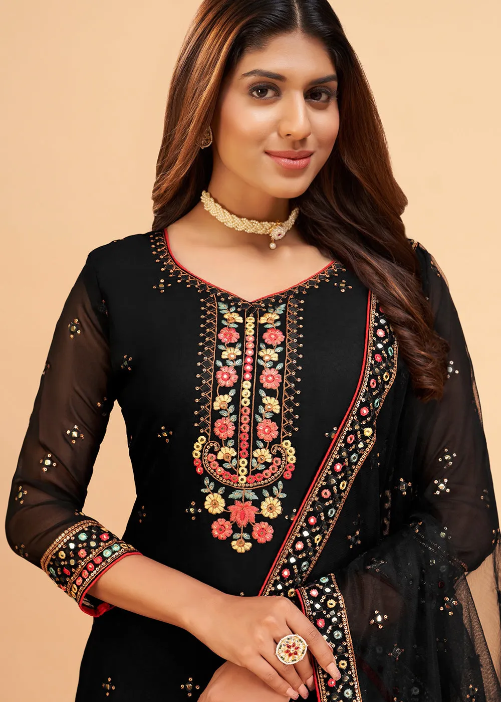 Dazzling Black Wedding Embroidered Sharara Suit