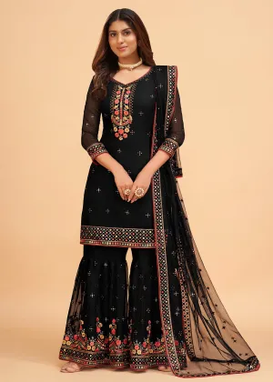 Dazzling Black Wedding Embroidered Sharara Suit