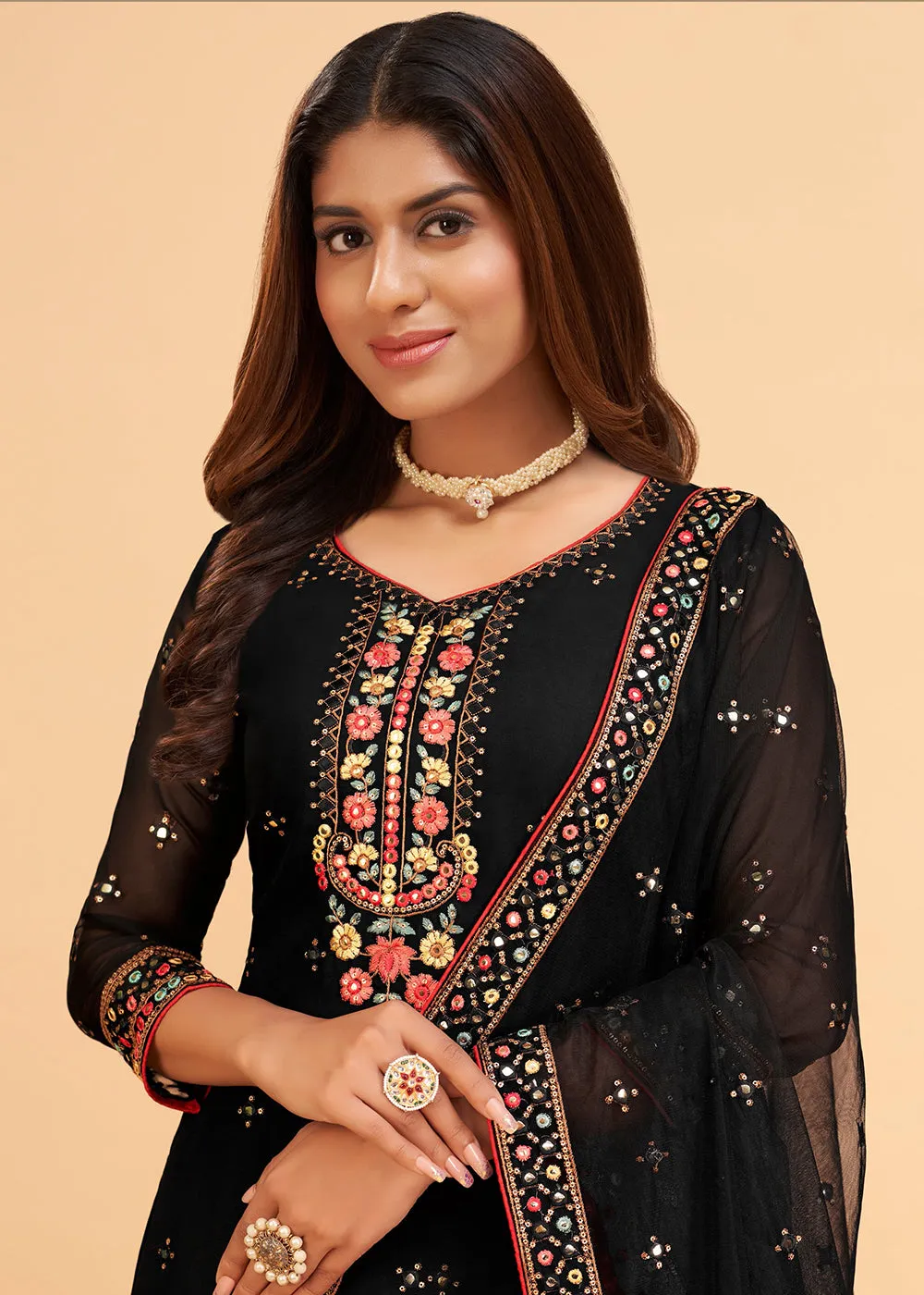 Dazzling Black Wedding Embroidered Sharara Suit