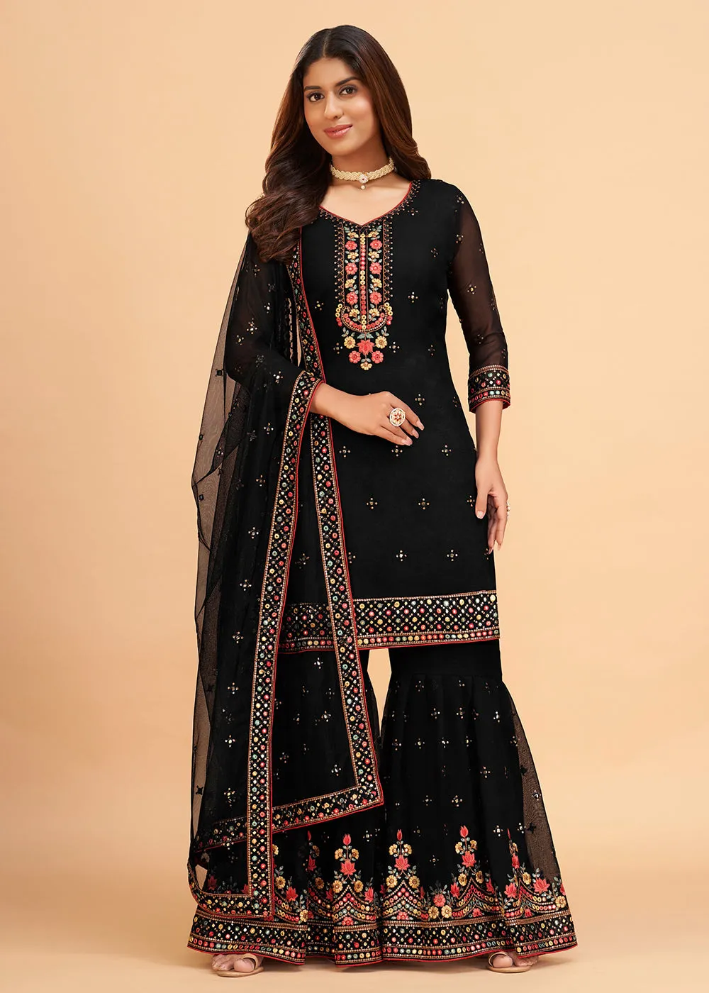 Dazzling Black Wedding Embroidered Sharara Suit