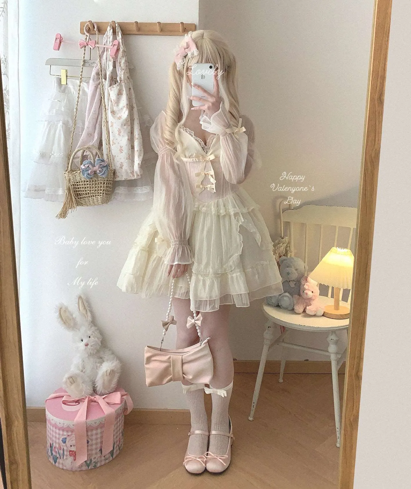 Dormir Doll Princess of Clouds and Mists Lace Bow Strap Dress & Cardigan Two Piece Set