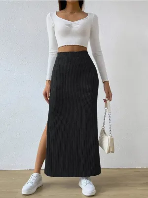 Fashion Casual Loose High Waisted Side Slit Slim Fit Knitted Skirt