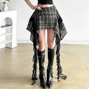 Fashion Vintage Plaid Ribbon High Waist Irregular A-Line Mini Skirt