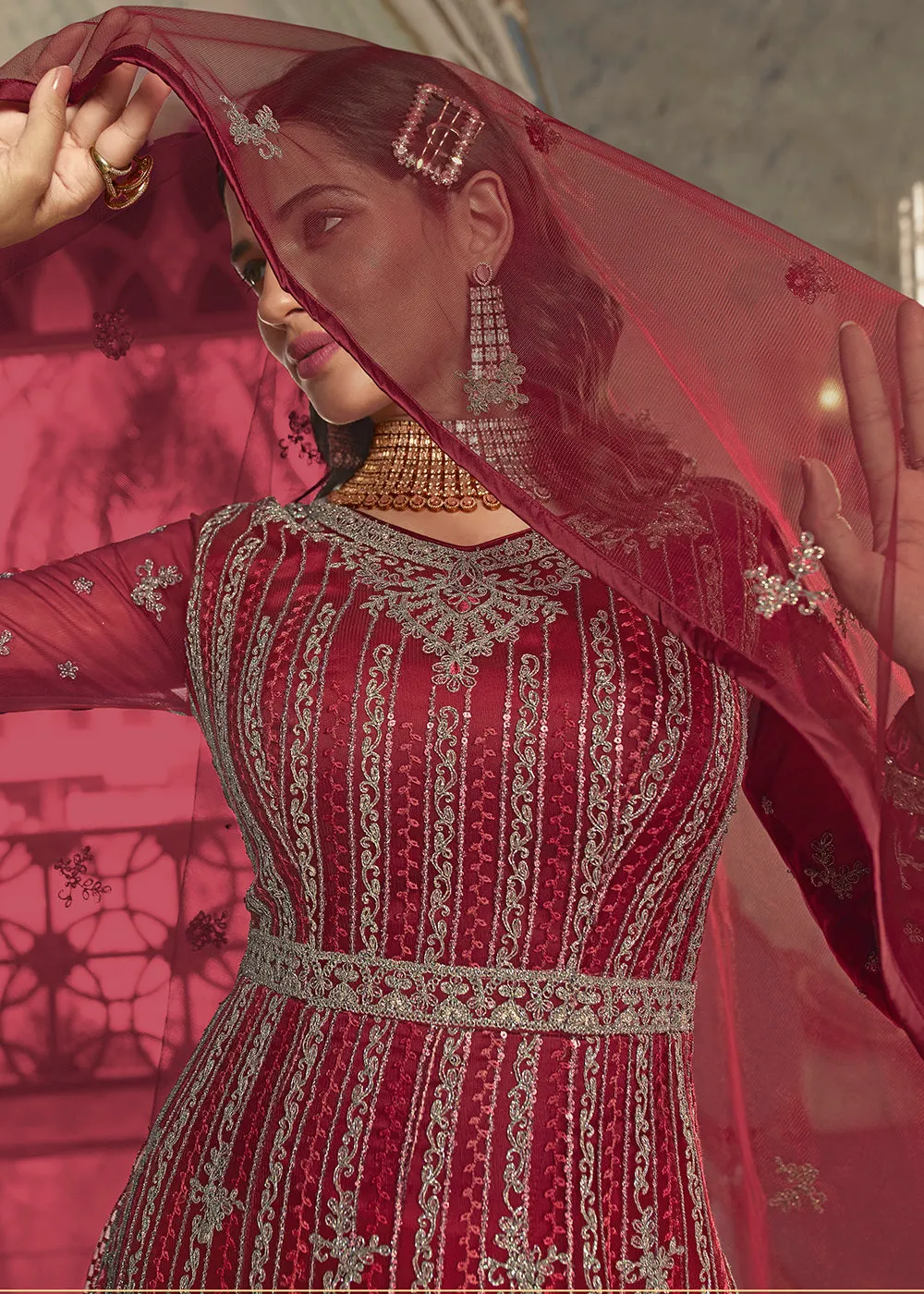 Festive Maroon Wedding Party Net Designer Anarkali Suit