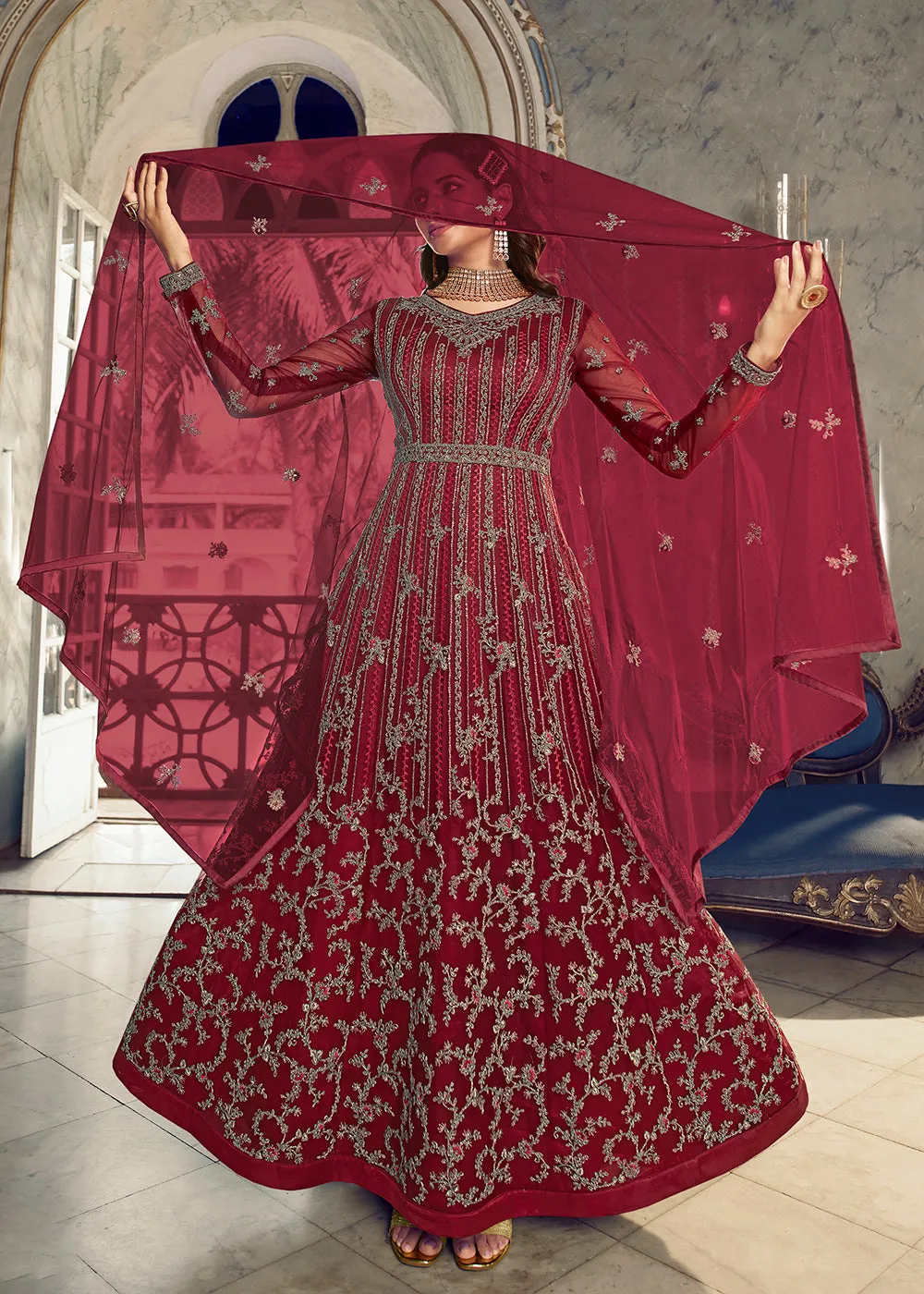 Festive Maroon Wedding Party Net Designer Anarkali Suit